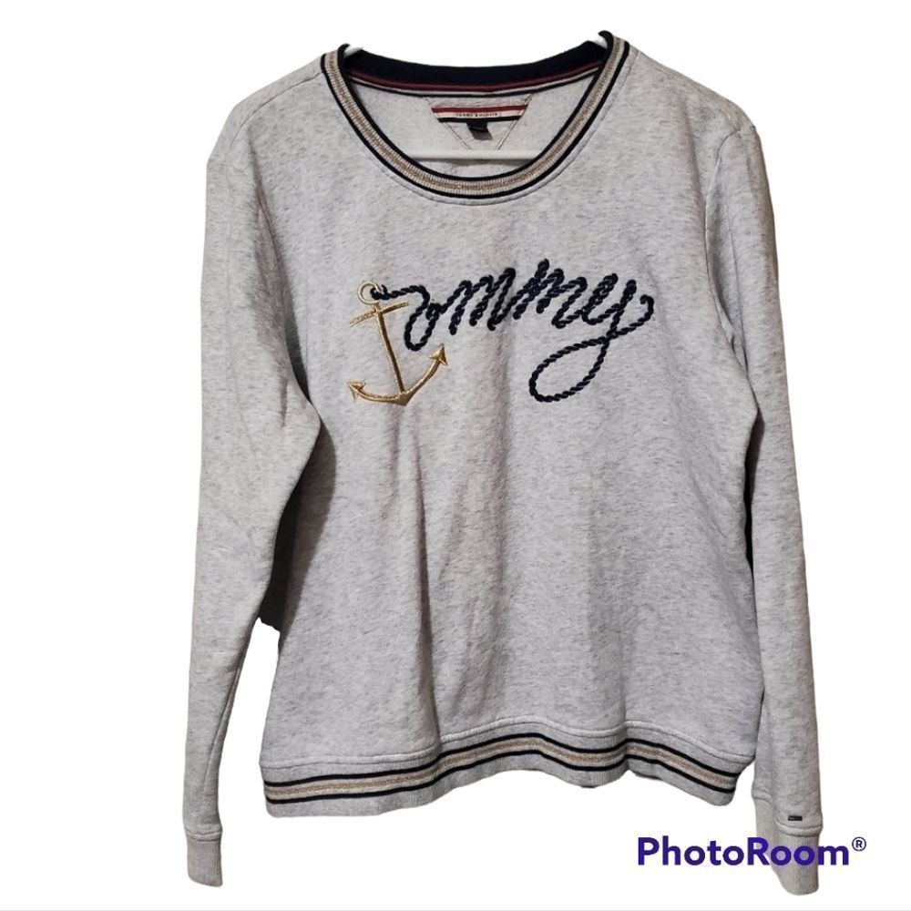 Tommy Hilfiger Light Gray Crewneck Sweater with Navy Script & Gold Anchor